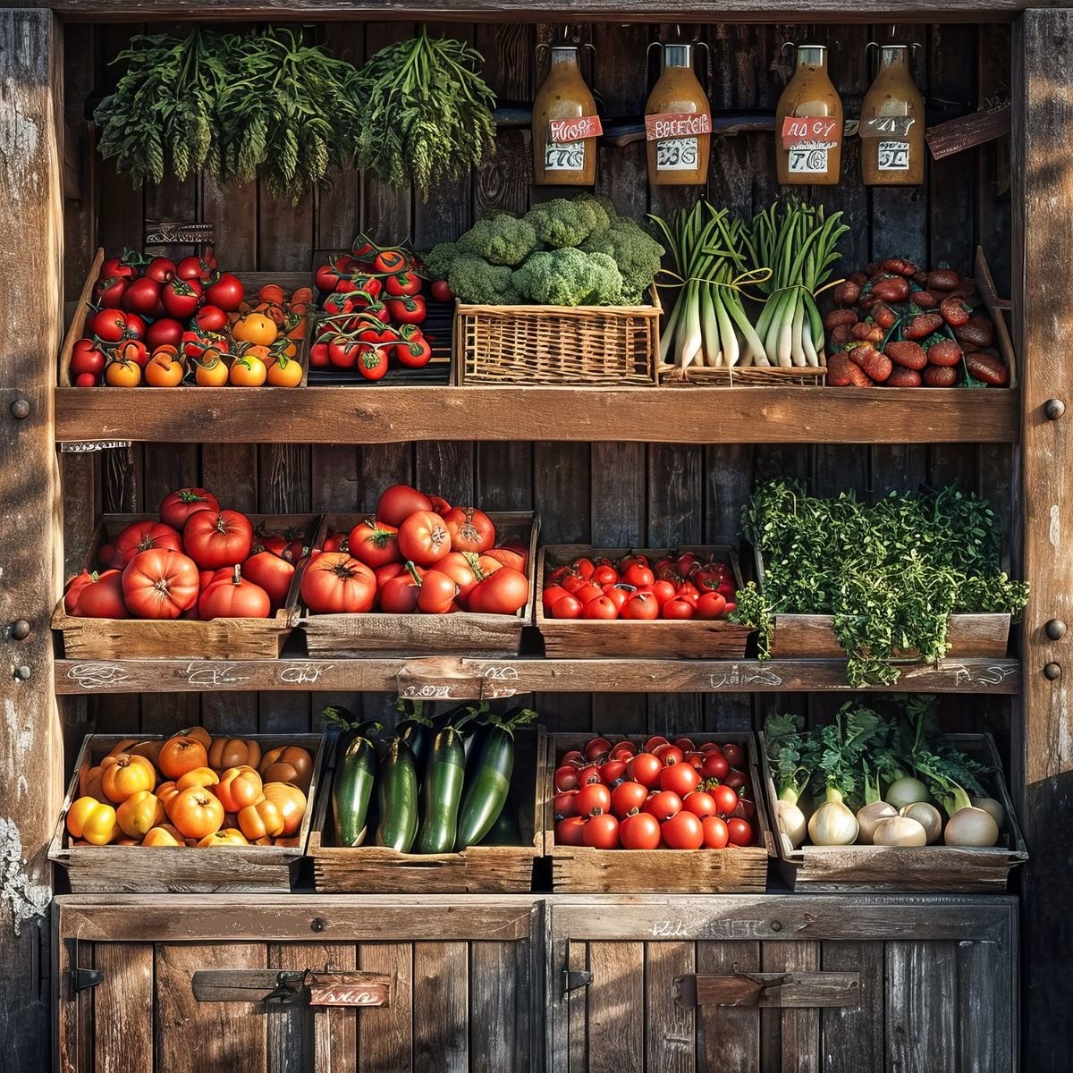 Assorted fresh vegetables and grains arranged on a wooden counter