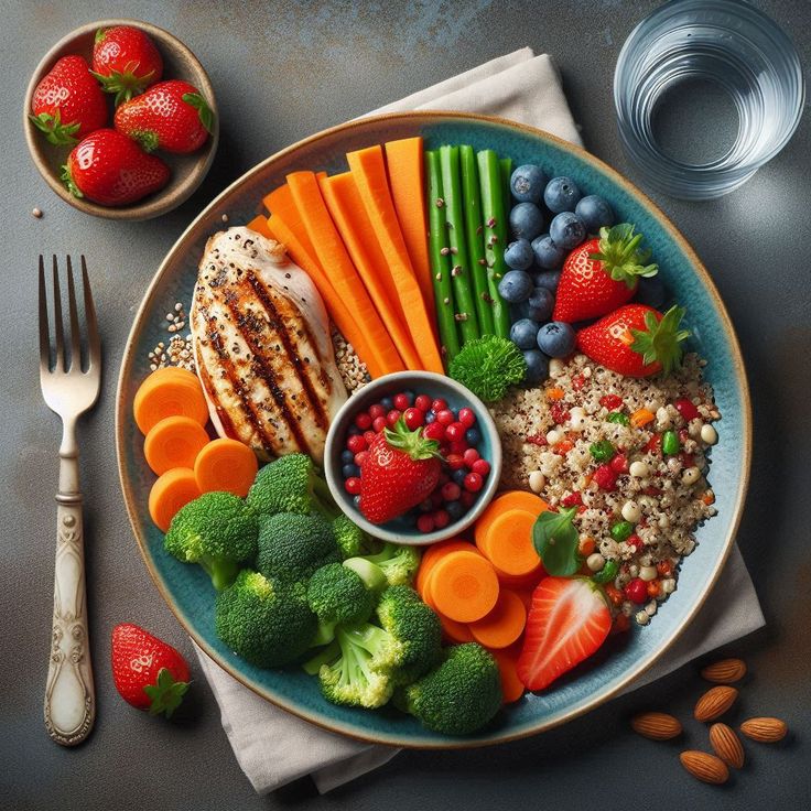 Colorful balanced plate with vegetables, whole grains, and lean protein portions