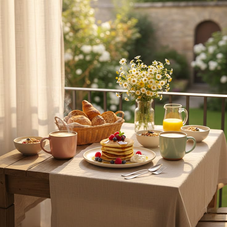 Morning sunlight over a kitchen table with breakfast and a notebook for meal planning